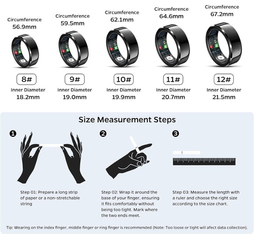 Smart Ring Health Tracker, Sleep Tracker Ring with Heart Rate, Waterproof Fitness Ring for Activity Monitoring/Steps/Distance/Calories, Air Gestures, up to 7-Day Battery, for Ios Android (Black,#10)